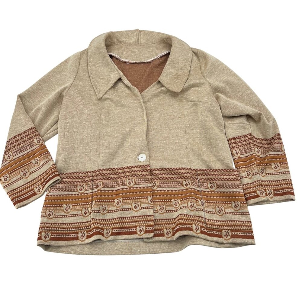Handmade Womens Knit Jacket‎ Beige & Brown Vintage Pattern Long Sleeve Button XL